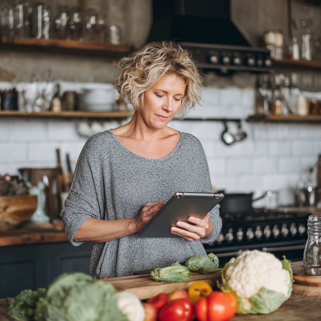 middle-aged woman planning healthy meals in modern kitchen